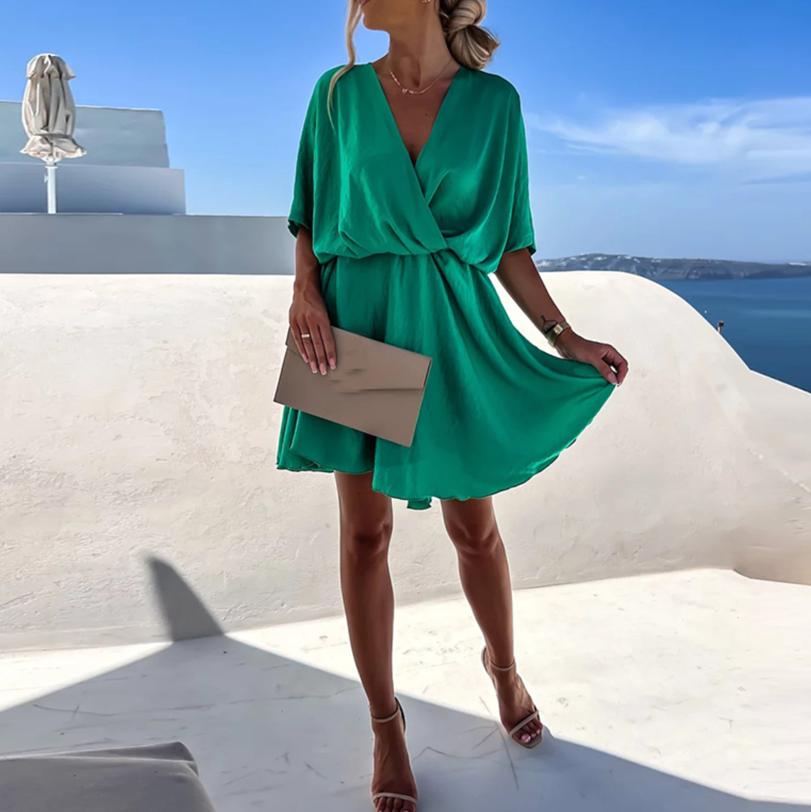Robe Mini Femme en tricot torsadé, col V, coupe fluide – Menvelo