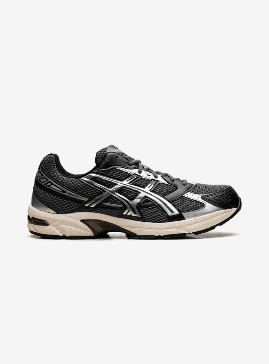 Asics Gel-1130 Steel Grey Black baskets basses homme et femme en mesh et cuir synthétique noir gris, détail tige