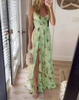 Robe Maxi Fleurie Femme à Lacets – Coupe Ajustée Fente Latérale
