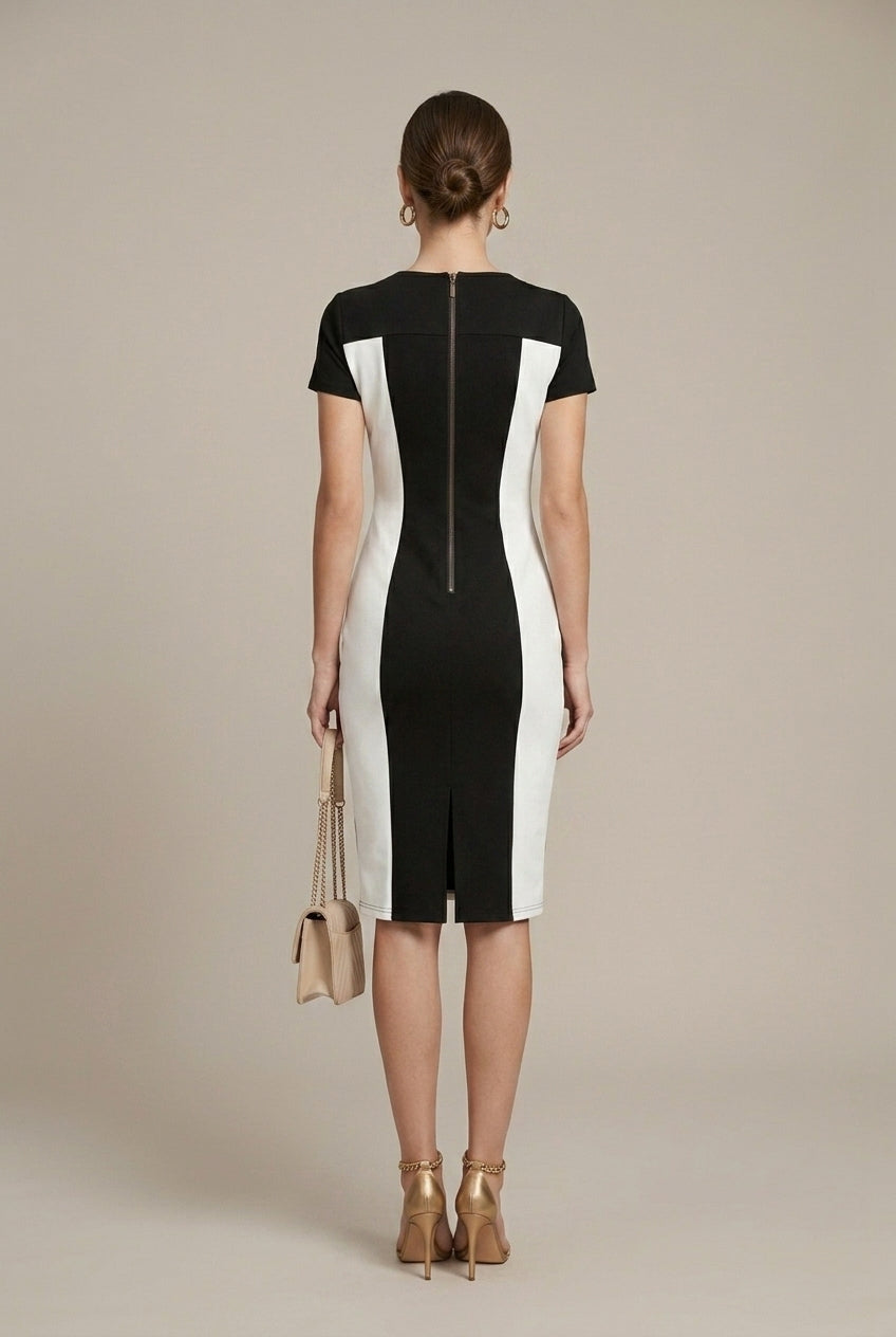 Robe Midi Femme en Coton – Col Rond Colour Block Moulante