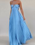 Robe Longue Femme à Dos Nu et Col Licou Plissée – Silhouette Fluide Sol