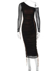 Robe Longue Femme Bodycon – Col Asymétrique Une Épaule Manches Longues Voilées