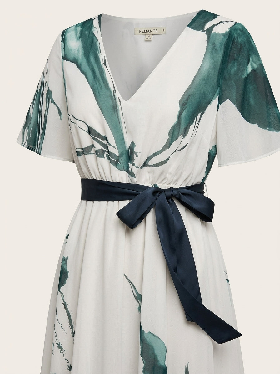Robe Longue Femme Imprimé Abstrait – Col V Cache-Cœur Ceinturée