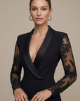 Robe Midi Femme Style Blazer – Col Châle & Manches en Dentelle