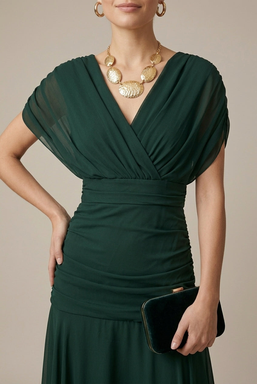 Robe Longue Femme Col V – Portefeuille à Manches Courtes et Détails Voilés