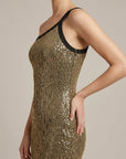 Robe Bodycon Femme à Épaule Asymétrique – Paillettes et Fil Métallisé