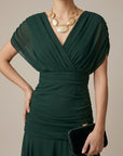 Robe Longue Femme Col V – Portefeuille à Manches Courtes et Détails Voilés