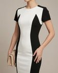 Robe Midi Femme en Coton – Col Rond Colour Block Moulante