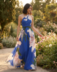 Robe Longue Femme à Imprimé – Col Halter Asymétrique