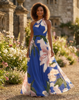 Robe Longue Femme à Imprimé – Col Halter Asymétrique