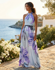 Robe Longue Femme à Imprimé – Col Halter Asymétrique