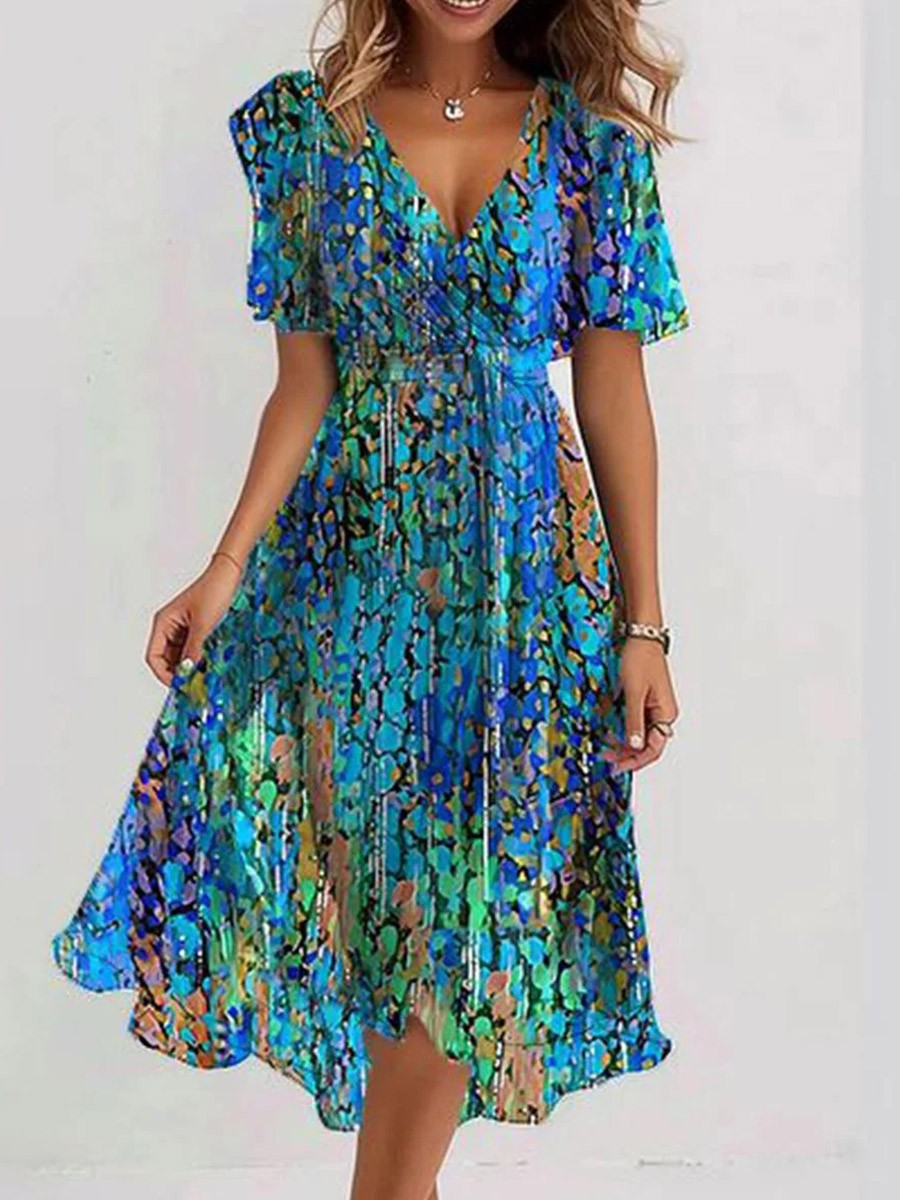 Robe Midi Femme en tissu léger, col V, coupe confortable – Menvelo