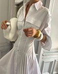 Robe Chemise Maxi Coton Blanc Femme – Manches Longues Coupe Évasée Plissée