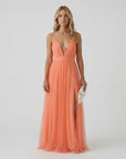 Robe Maxi Col V Femme – Taille Ajustée Jupe Fluide | Drapé Aérien Pêche