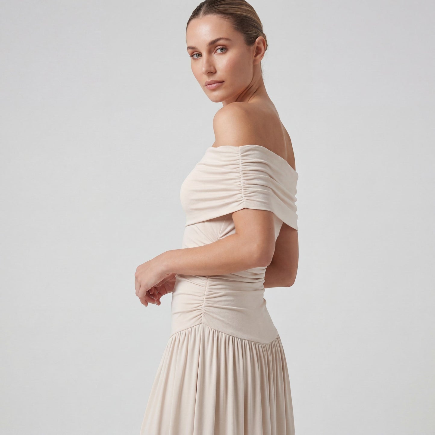 Claire Mode | Robe Longue Femme Plissée à Épaules Dénudées