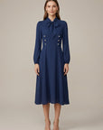 Robe Midi Femme Coupe A – Boutons Croisés Décoratifs et Col Nœud Manches Longues