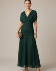 Robe Longue Femme Col V – Portefeuille à Manches Courtes et Détails Voilés