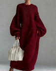 Robe Pull Femme Col Rond – Coupe Ample Manches Lanternes | Maille Mélange de Laine