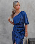 Robe de Soirée Femme Asymétrique à Une Épaule – Coupe Slim Midi Fendue | Mélange de Coton