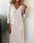 Robe Midi Femme Col V Manches Longues – Coupe Droite Décontractée | Maille Douce