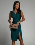 Robe midi sans manches femme en tissu tissé – Coupe ajustée col en V