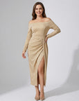 Robe Femme Épaule Dénudée en Maille Scintillante – Coupe Bodycon