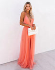 Robe Maxi Col V Femme – Taille Ajustée Jupe Fluide | Drapé Aérien Pêche