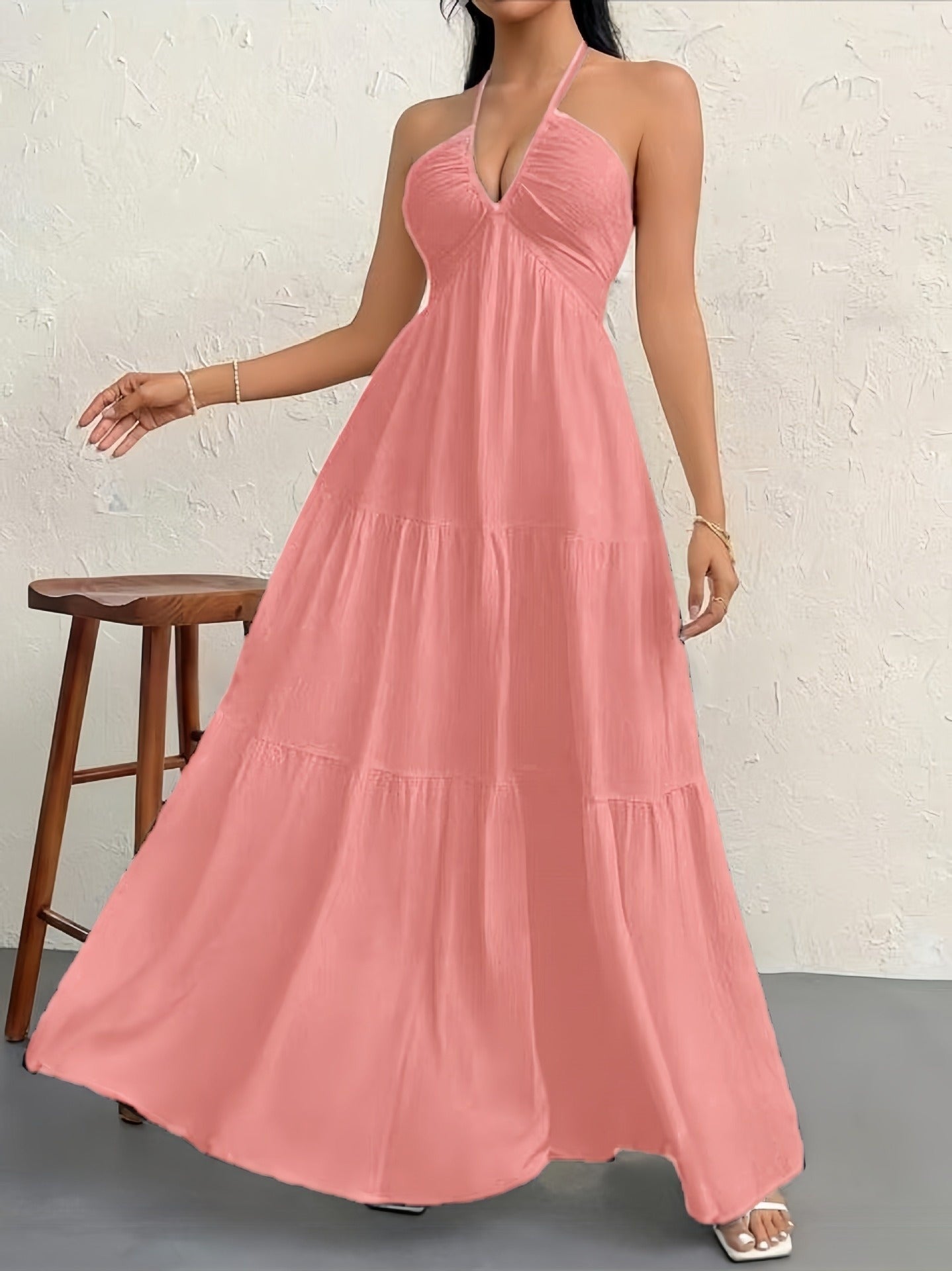 Robe Longue Femme Dos Nu Tour de Cou – Légère Plissée Coupe A-Line Col V