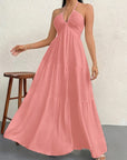 Robe Longue Femme Dos Nu Tour de Cou – Légère Plissée Coupe A-Line Col V