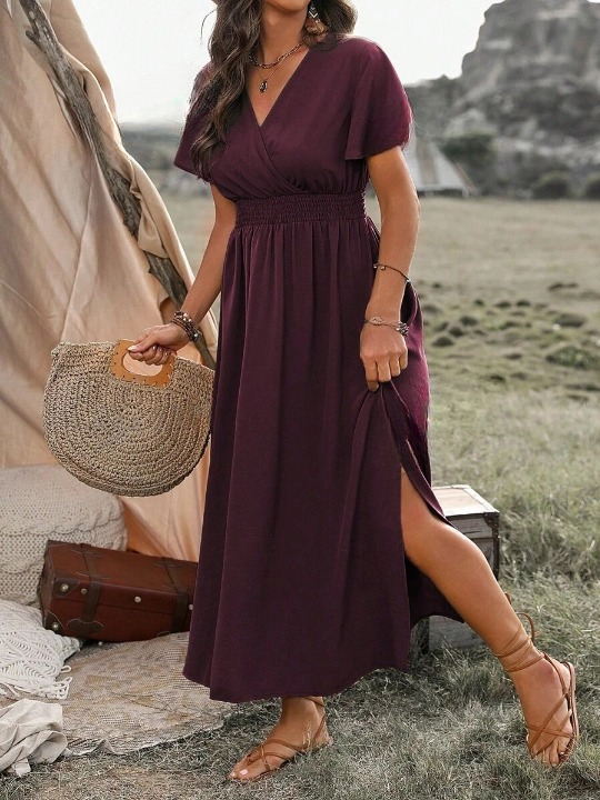 Robe Longue Femme Col V Manches Évasées – Fente et Taille Élastique