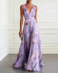 Robe Longue Femme en Mousseline – Col V Sans Manches à Imprimé Floral