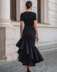 Robe Femme Longue Asymétrique à Volants – Silhouette Élégante et Gainante