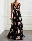 Robe Longue Femme en Mousseline – Col V Sans Manches à Imprimé Floral