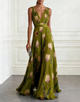 Robe Longue Femme en Mousseline – Col V Sans Manches à Imprimé Floral