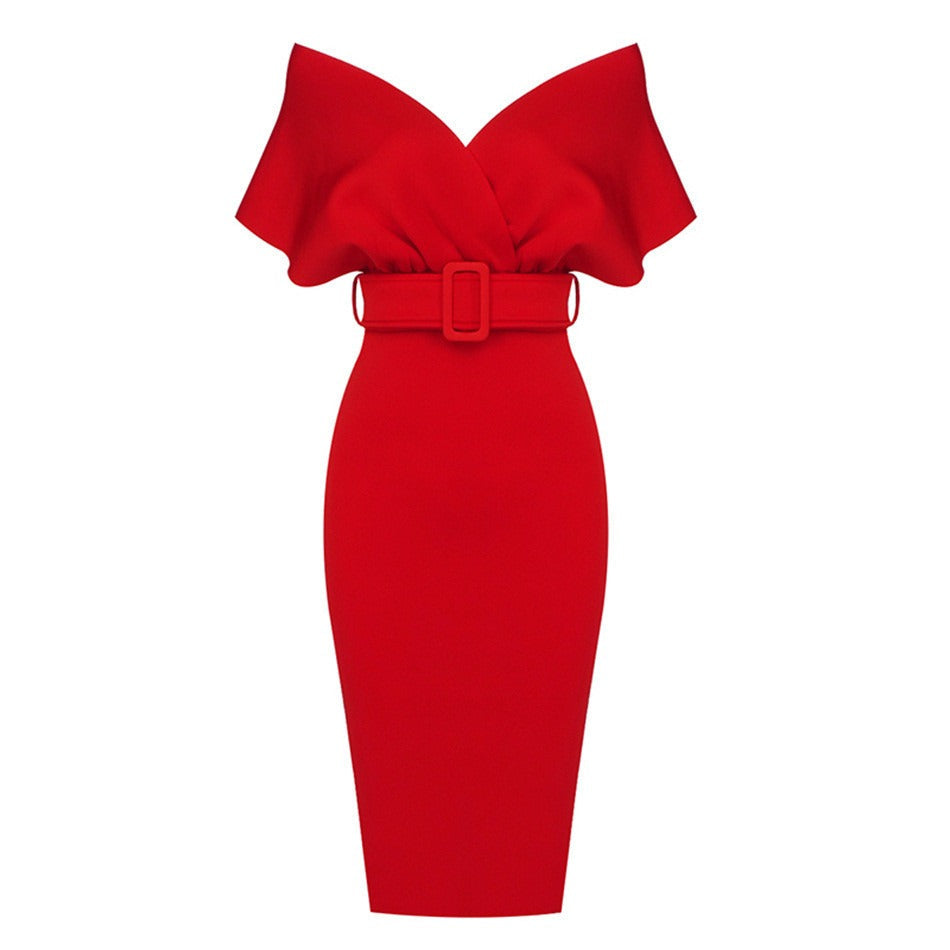 Robe Midi Femme Épaules Dénudées – Ceinturée Coupe Bodycon Structurée