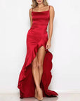 Robe Maxi Femme Satinée à Fente – Coupe Ajustée avec Ourlet Volanté
