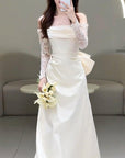 Robe Longue Femme Satin – Manches en Dentelle et Col Bardot
