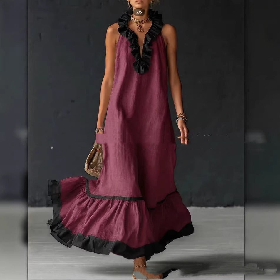 Robe Maxi Femme à Volants en Coton – Silhouette Trapèze Sans Manches