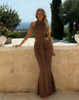 Robe Longue Femme Moulante à Dos Nu – Col Halter Froncé avec Découpes