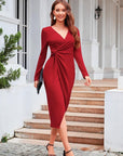 Robe Femme Manches Longues Col V – Coupe Gainante Fente Fendue