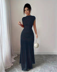 Robe Maxi Femme en Mesh Froncé – Élégance Plissée Ajustée