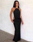 Robe Longue Femme Bodycon Tour de Cou – Stretch Dos Nu Coupe Ajustée Détail Métal