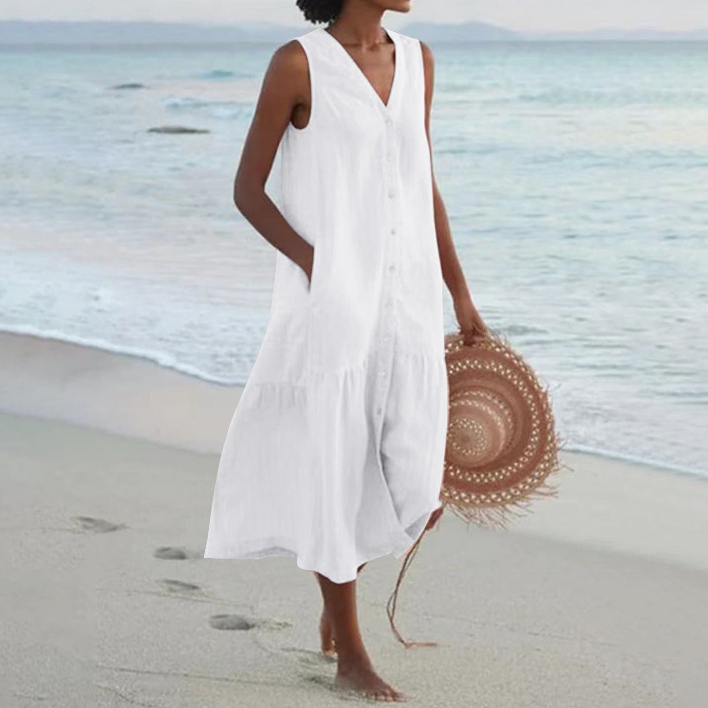 Robe Femme en Coton Sans Manches Longueur Midi – Boutonnée et Évasée à Volants