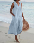 Robe Femme en Coton Sans Manches Longueur Midi – Boutonnée et Évasée à Volants