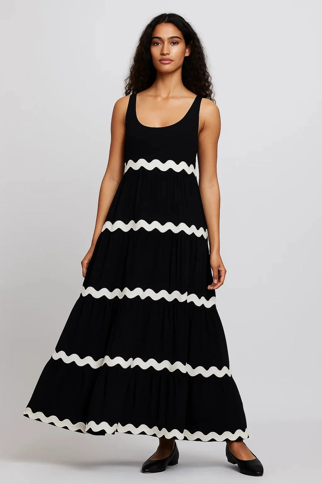 Robe Longue Femme Sans Manches – Imprimé Ondulé Col U Coupe Évasée