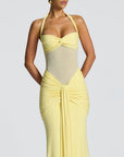 Robe Longue Moulante Froncée pour Femme – Robe de Soirée à Empiècement Transparent