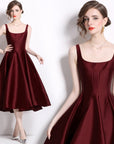 Robe Midi Femme à Bretelles Vintage – Coupe Ajustée Sans Manches