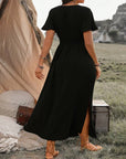 Robe Longue Femme Col V Manches Évasées – Fente et Taille Élastique