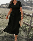 Robe Longue Femme Col V Manches Évasées – Fente et Taille Élastique