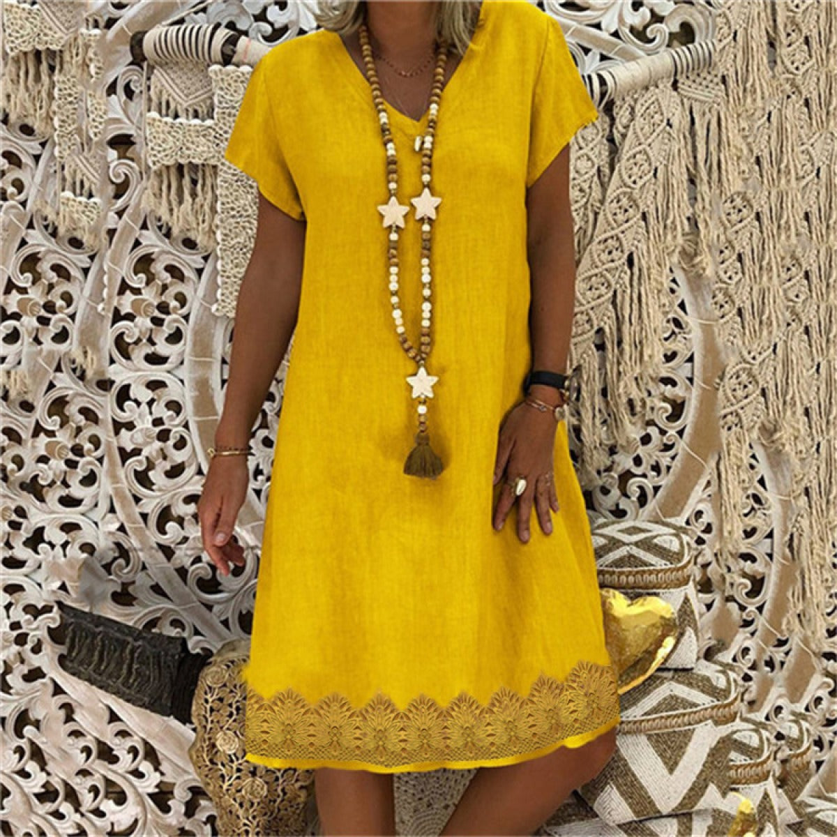 Robe Mini Femme en tissu léger, col V, coupe décontractée – Menvelo
